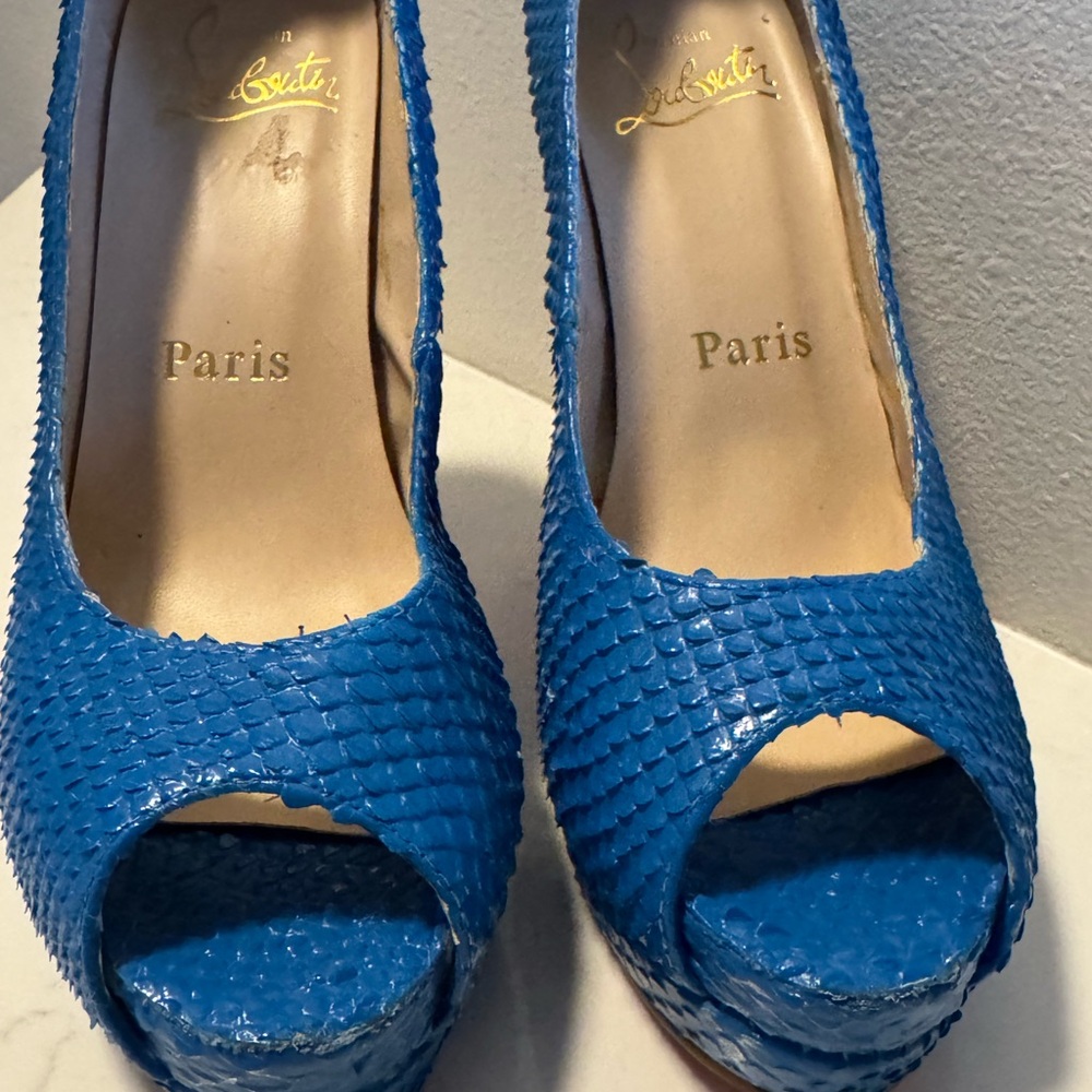 Christian Louboutin Bright Blue Peep-Toe Platform Pumps